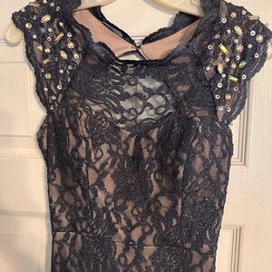 Elegant Gray Lace Dress with Beaded Shoulders